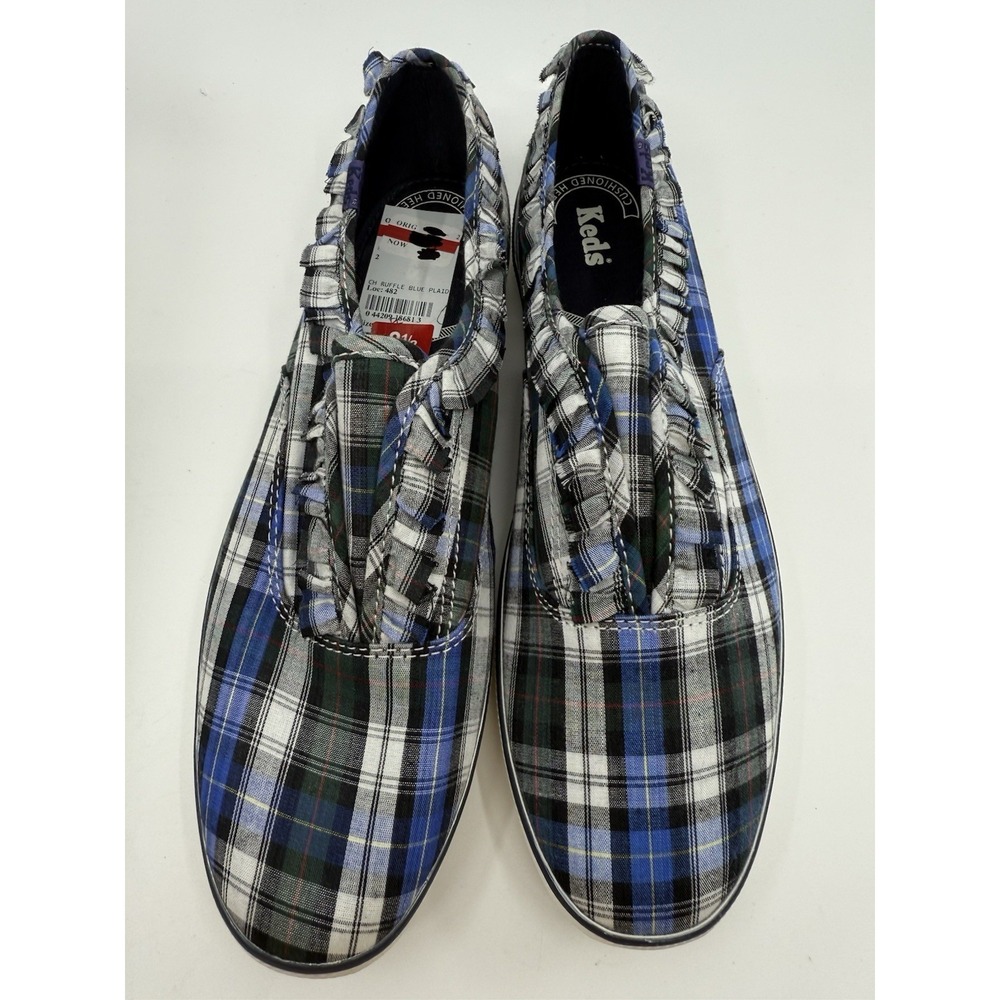 Keds Women's Blue Ruffle Plaid Champion Shoes Slip On Sz 8.5 NIB